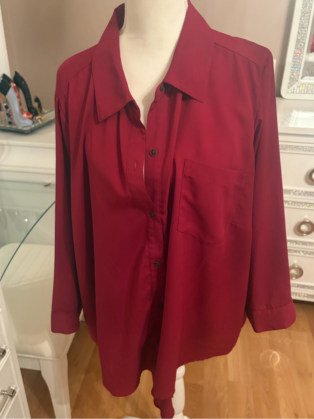 Belle Kim Gravel Burgundy Button Up Long Sleeve Top Size 2X